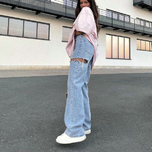 Women's Fashion Ripped Washed Straight Pants Jeans - ROUTINE FASHION